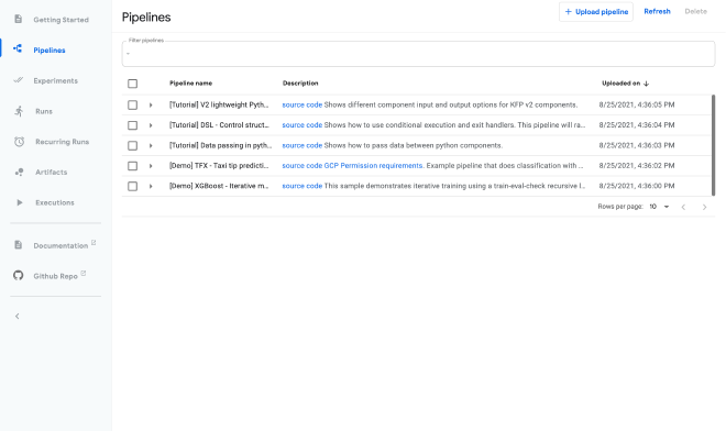Liste des pipelines Kubeflow Pipelines